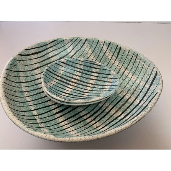 MCM Dumler & Breiden Art Pottery Blue White & Black Crackled Dish Bowls Set Of 3 - Picture 4 of 8